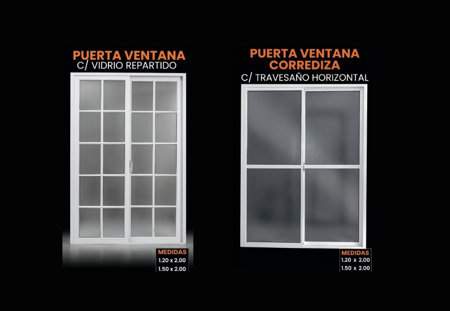 Puerta ventana con vidrio repartido y puerta ventana corrediza, medidas 1.20 x 2.00 y 1.50 x 2.00